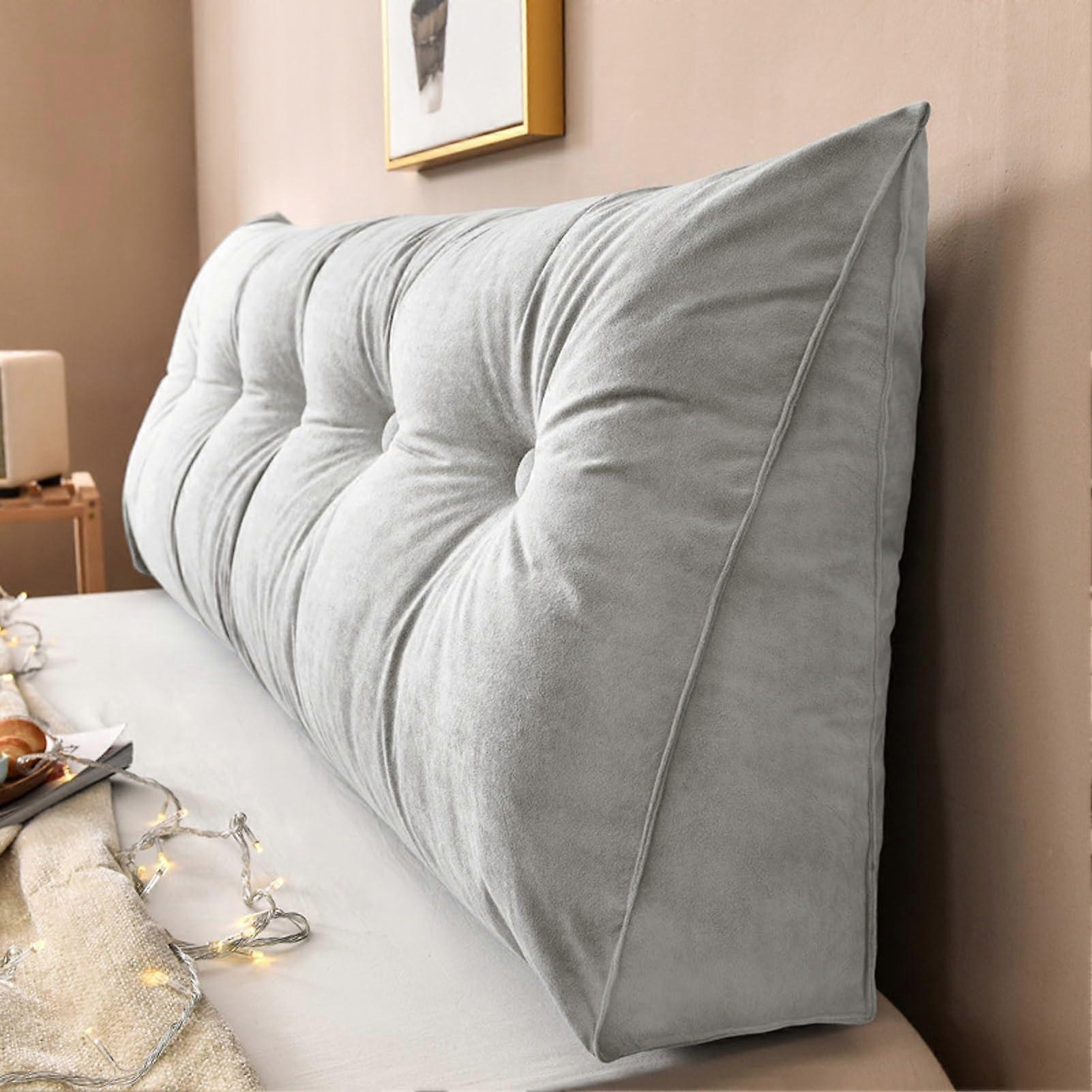 Triangular Reading Pillow with Removable Cover, Gray Wedge Backrest Cushion for Bed and Sofa, 180x20x50cm