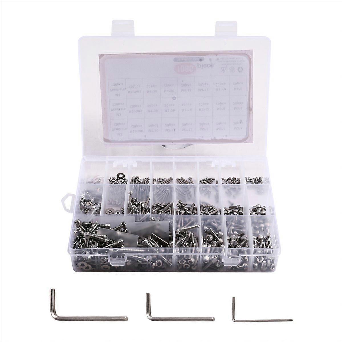 1080pcs M2/M3 hex screws, 304 stainless, bolts, nuts, washers kit.