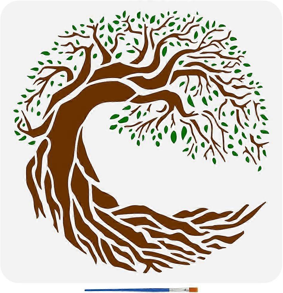 The Meniscus Tree of Life Painting Template with Brush 11.8x11.8inch Tree Life Pattern Decoration Template Trees Stencil Plant Theme Stencils Reusable