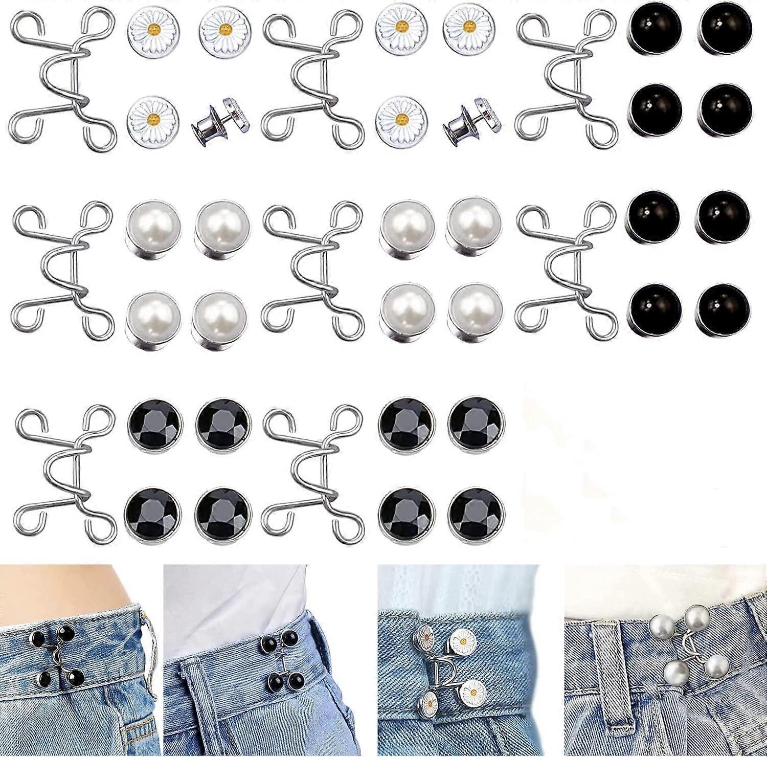 Trianu 48 Pcs Adjustable Waist Buckle Extender Set, 8 Set 4 Style Jean Button Pins No Sewing Required Pants Clips for Waist, compatible with Jeans