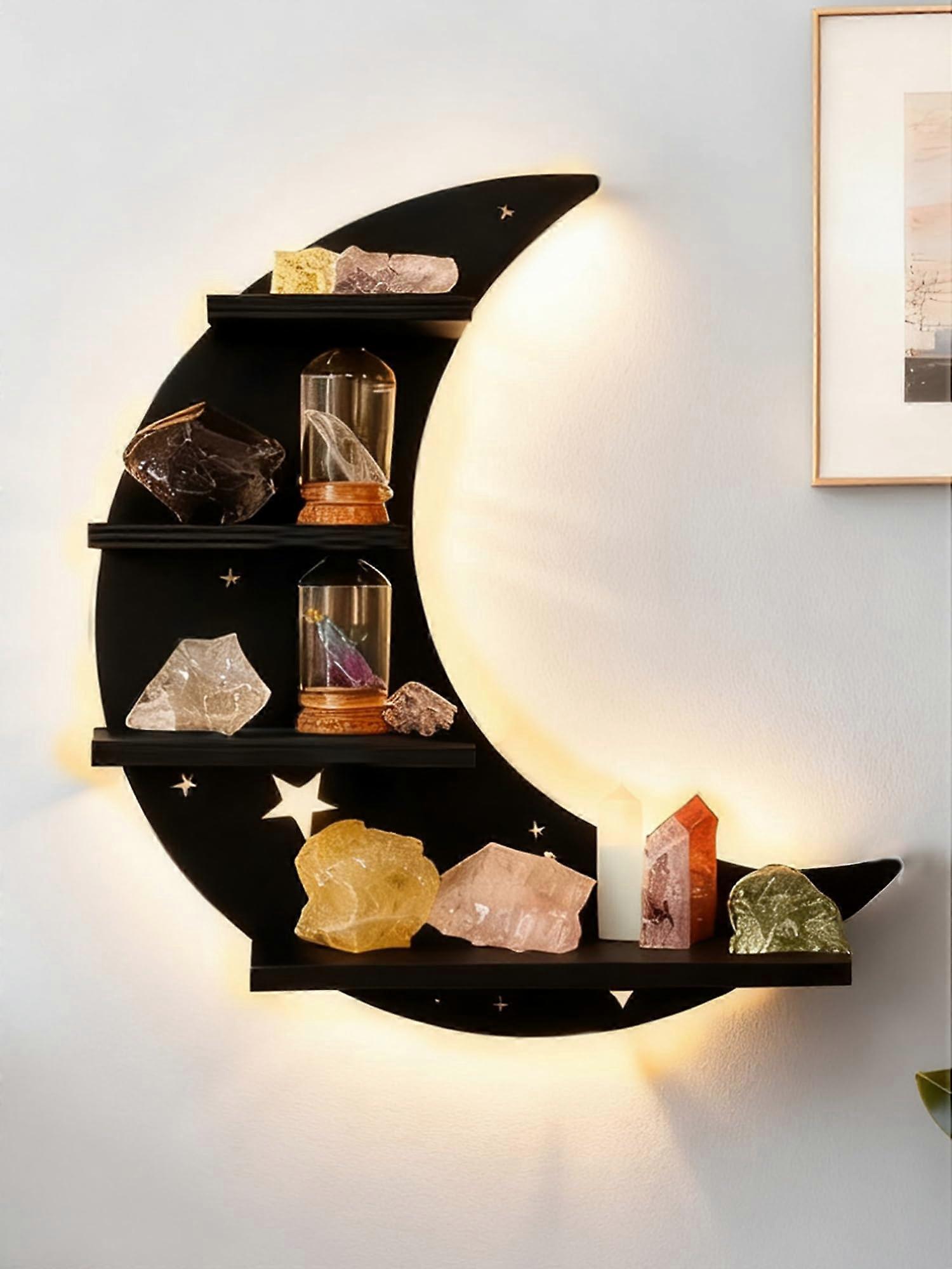 Moon Phase Wall Shelf with LED Lights, Boho Crescent Design, FourTier Storage for Crystals Decor