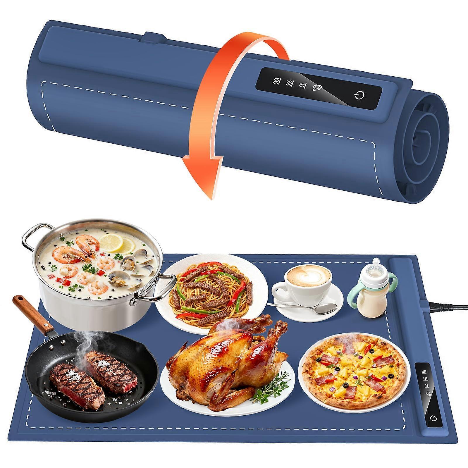 Food Warming Mat with Adjustable Temperature, Large Rollable Silicone Heating Pad for Kitchen Buffet Countertop Use (Blue)