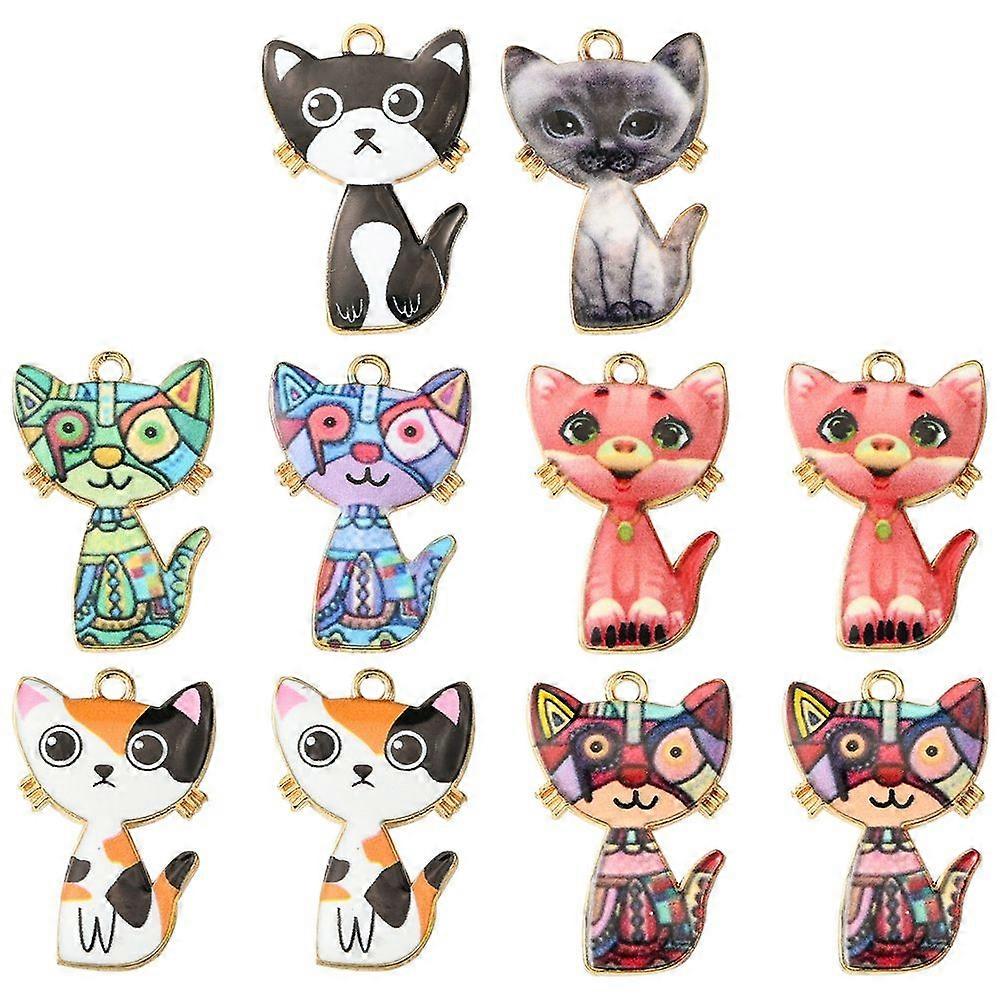 10pcs Alloy Enamel Pendants Light golden Cat Charm Mixed color 26x17x1.5mm Hole: 1.6mm