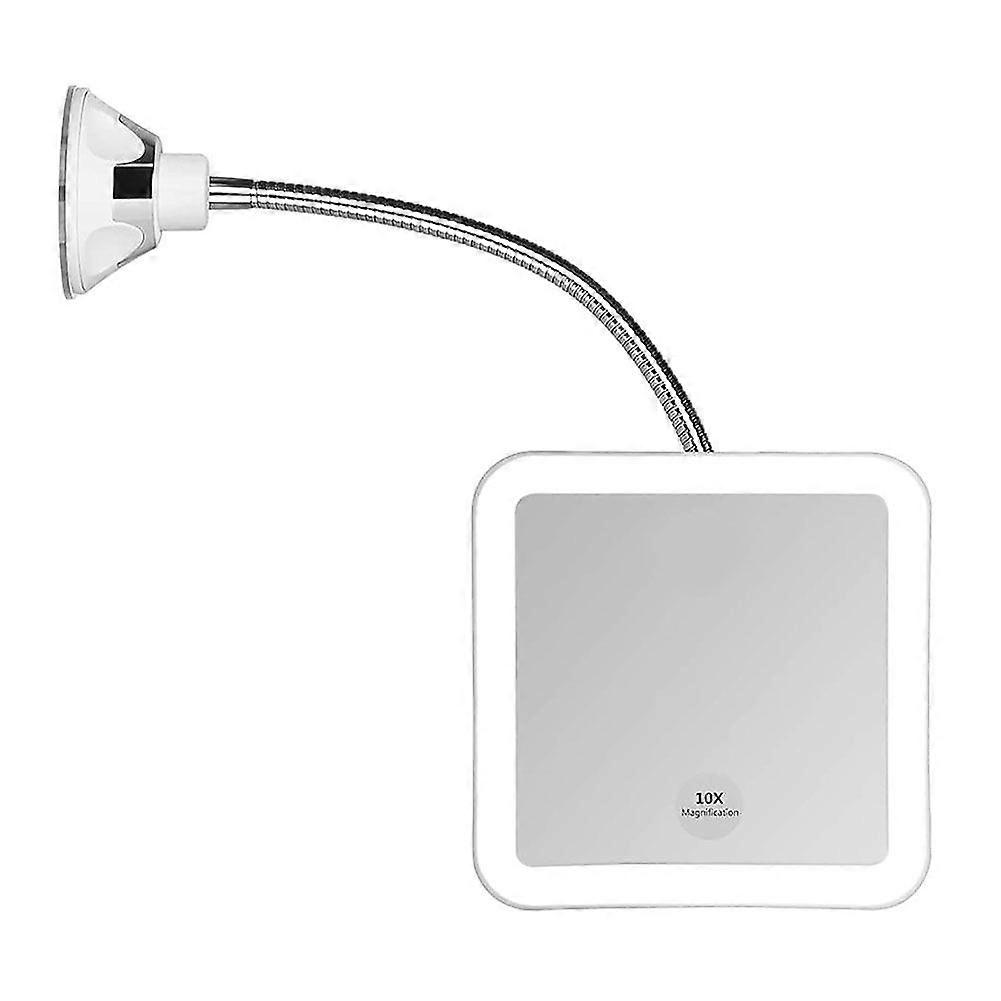 Square Flexible Gooseneck LED Lighted 10X Magnifying Makeup Mirror, Power Locking Suction Cup, Bright Diffused Light