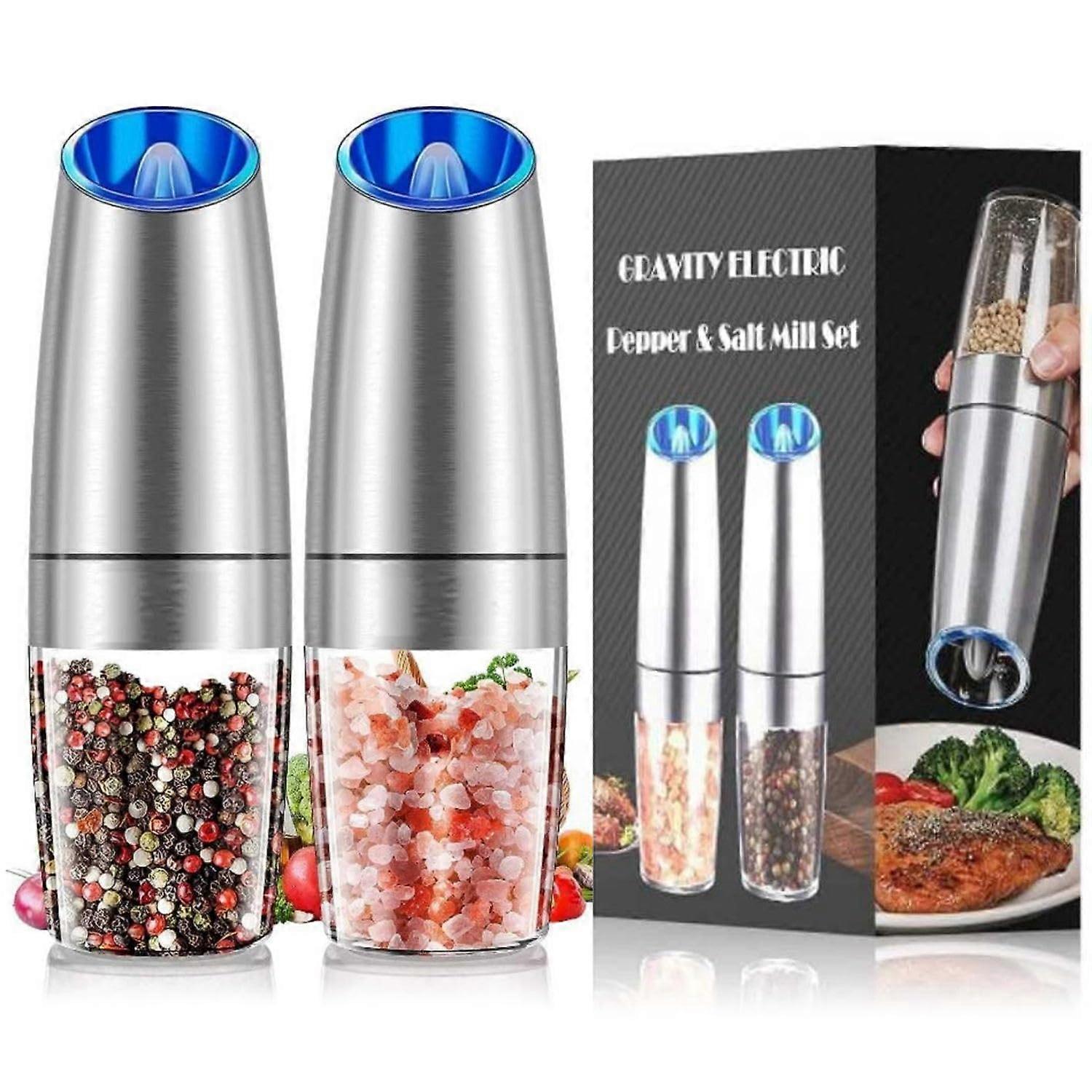 Electric Salt and Pepper Grinder Set with LED Light, Adjustable Coarseness, OneHand Gravity, 2 Pack Silver