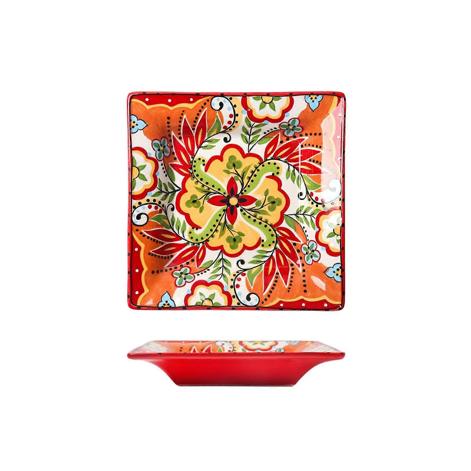 8 Inch Ceramic Steak Plate, Irregular HandPainted Square Dinner Plate, Red Wave Design