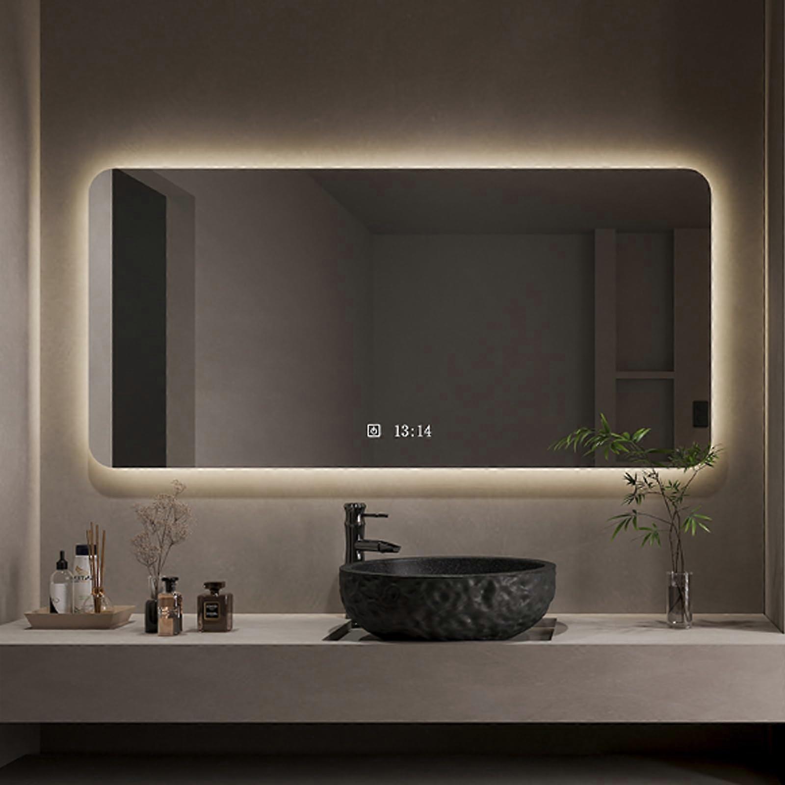 Rectangular LED Bathroom Mirror AntiFog with 3Color Dimmable Light Time Temp Display Shatterproof