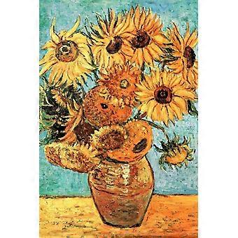 Vaso de Vincent Van Gogh com Doze Girassóis - Estilo Impressionista de Van Gogh - Natureza - Primavera - Vaso de Flores - Buquê - Quebra-cabeça de Madeira