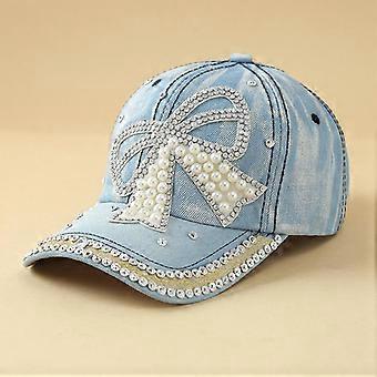 Justerbare denim-baseballcapser med perlepyntet sløyfe og solbeskyttelse, håndlaget diamantsøm - Allsidige hatter