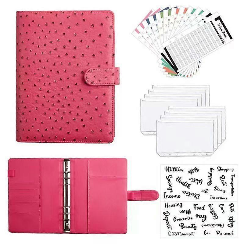 A6 Ostrich Pattern Macaron Ring Binder Budget Planner with Zipper Red