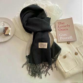 Women's luxury brand cashmere scarf, headscarf with pom-pom, shawl, cashmere shawl, small scarf - black and beige [XR]