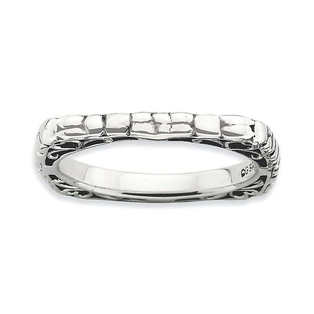 2.25mm 925 Sterling Silver Patterned Oxidized Stackable Polished Antiqued Square Ring Stackable Ring for Women - Ring Si