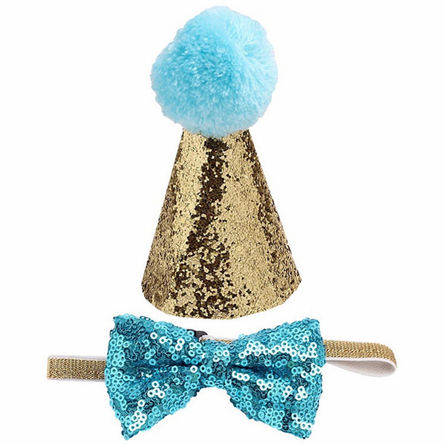 Pet Party Hat Bow Shiny Sequin Plush Ball Decor Adjustable Elastic Band Lightweight Anri-slip