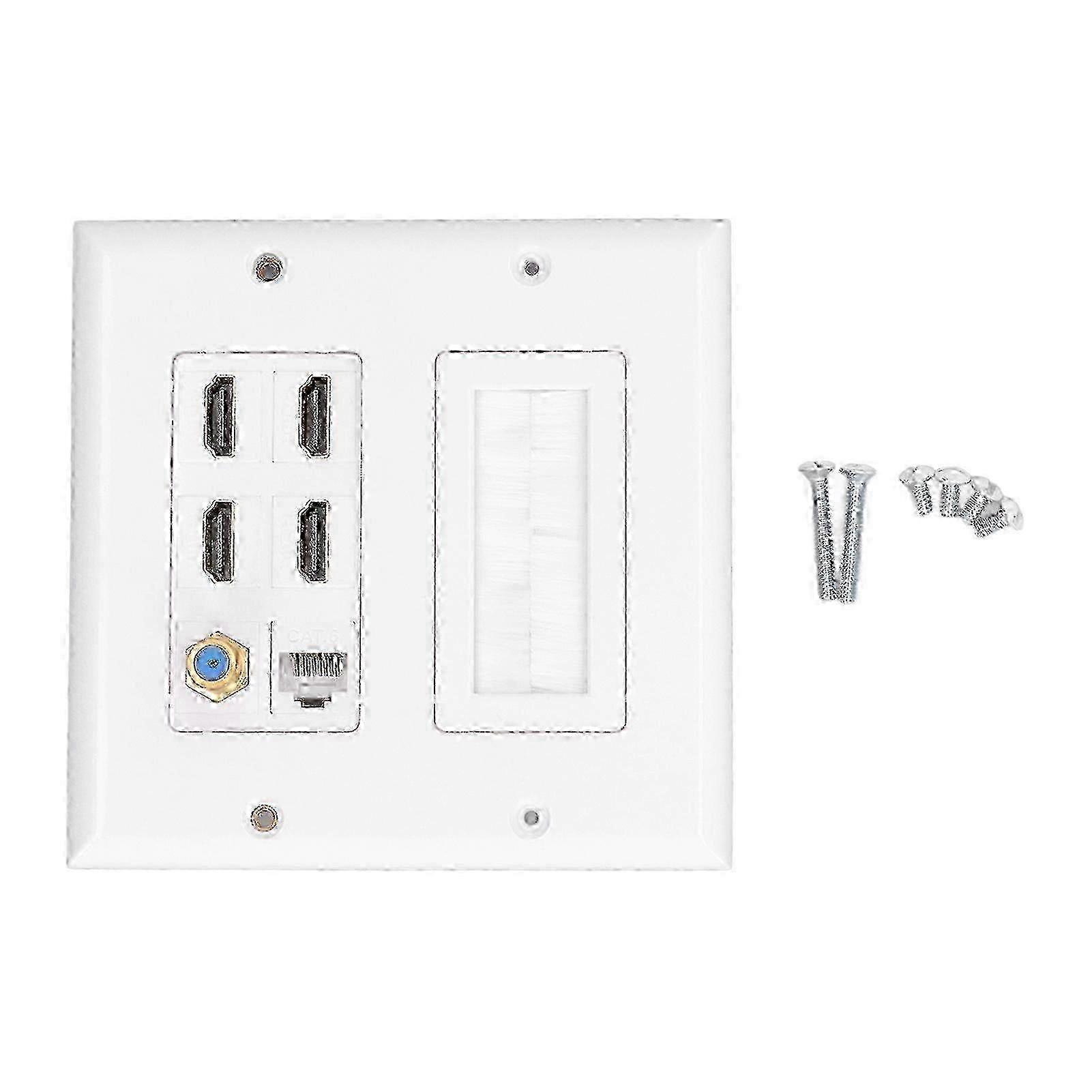 6 Port Wall Plate with 4 HDMI, 1 Cat 6, 1 TV F Jack - Easy Install, Gold Plated, 4K Ready
