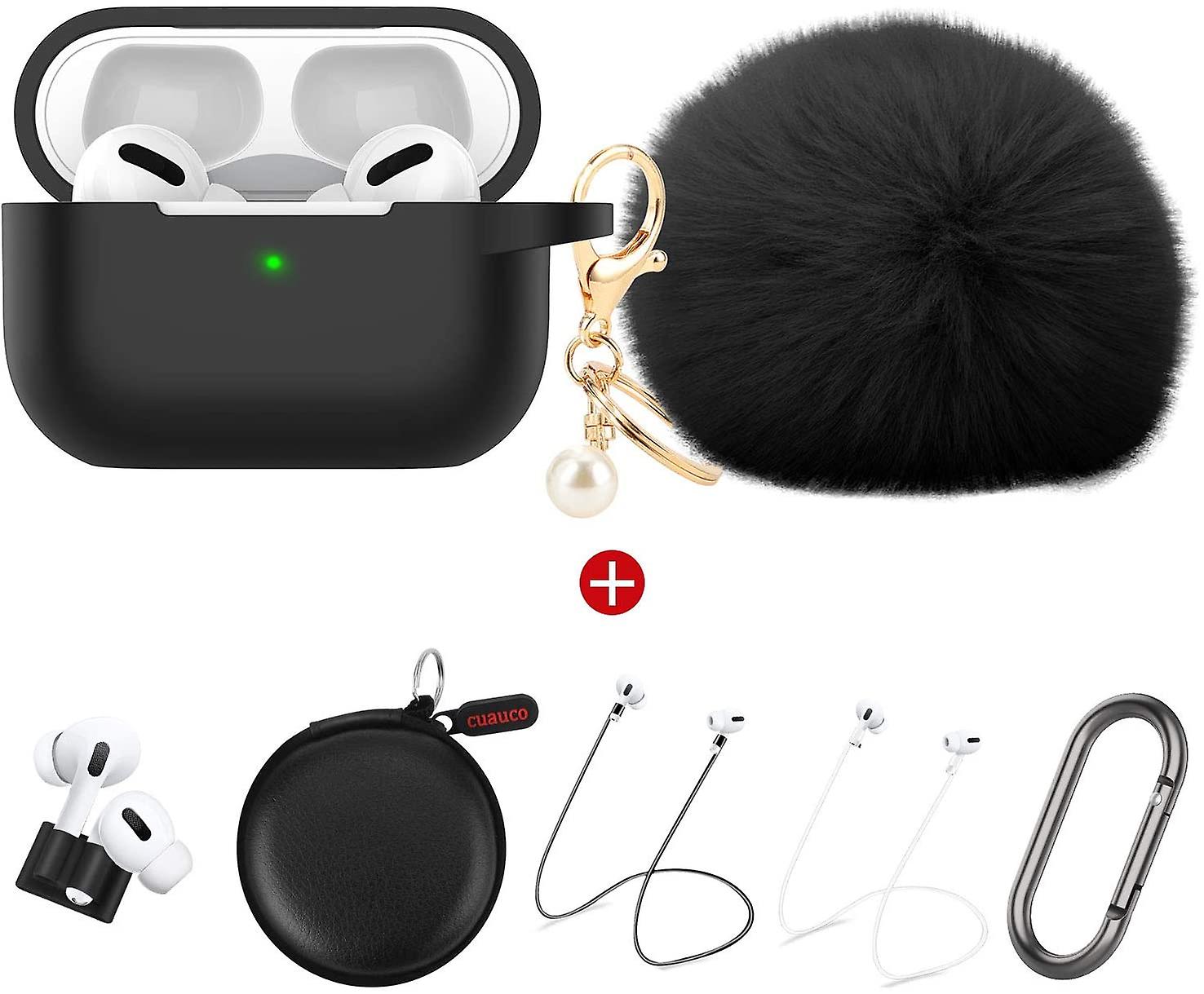 Protective Silicone Case for AirPods Pro(2019 Release)(Front LED Visible)with 1 Keychain/2 Strap/1 Watch Band Holder/1 Headphone Case(7 Pack)(Black)