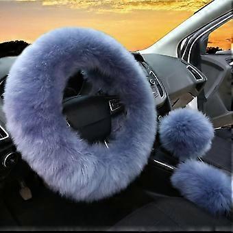 3Pcs Set Womens Winter Fashion Wool Fur Soft Furry Steering Wheel Covers Gray Blue Fluffy Handb