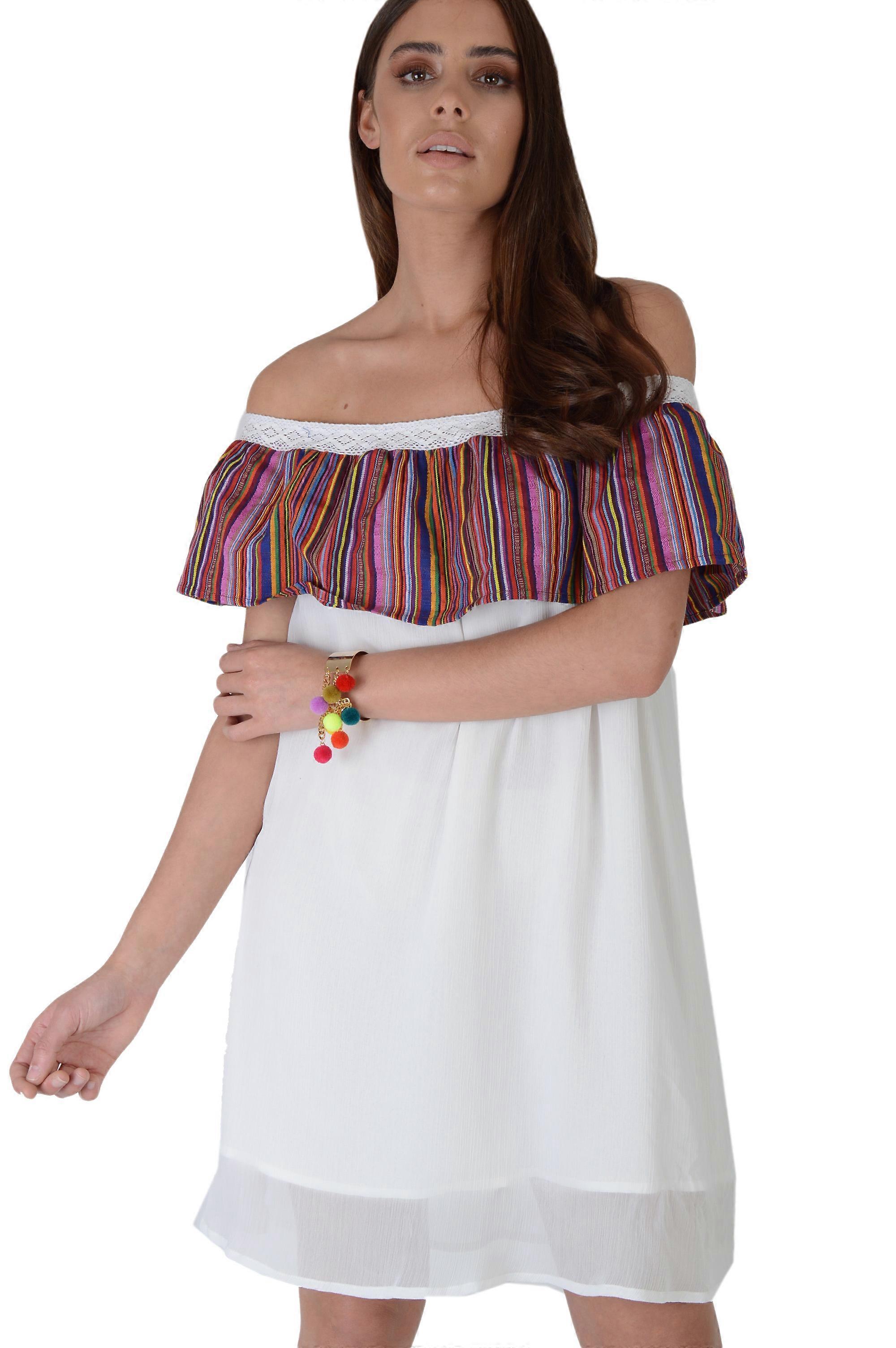 LMS Off The Shoulder White Double Layer Dress With Stripe Frill