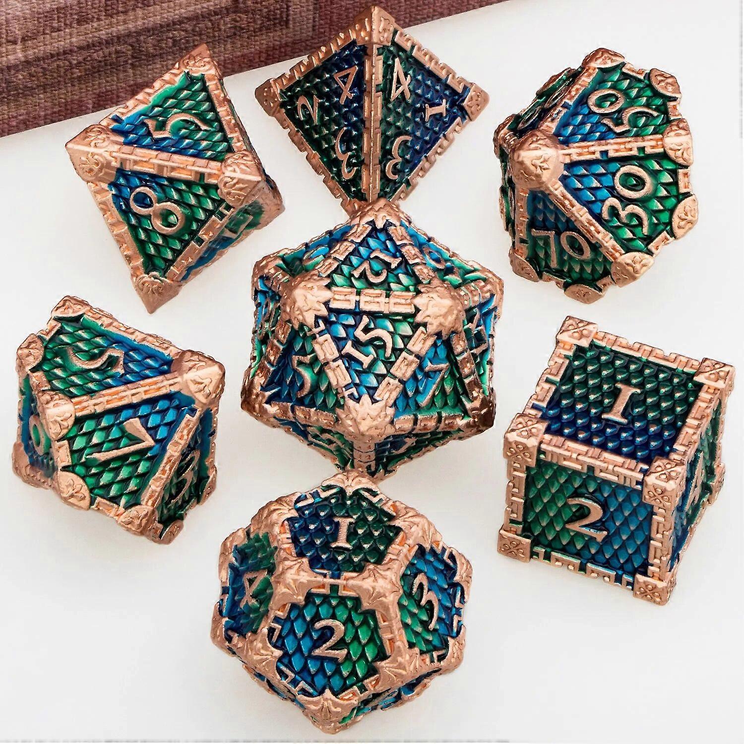 DND Metal Dice Set Blue GreenDragon Scale Blood D&D Dice Dungeon and Dragon Role Playing Games Polyhedral Dice RPG D and D Dice