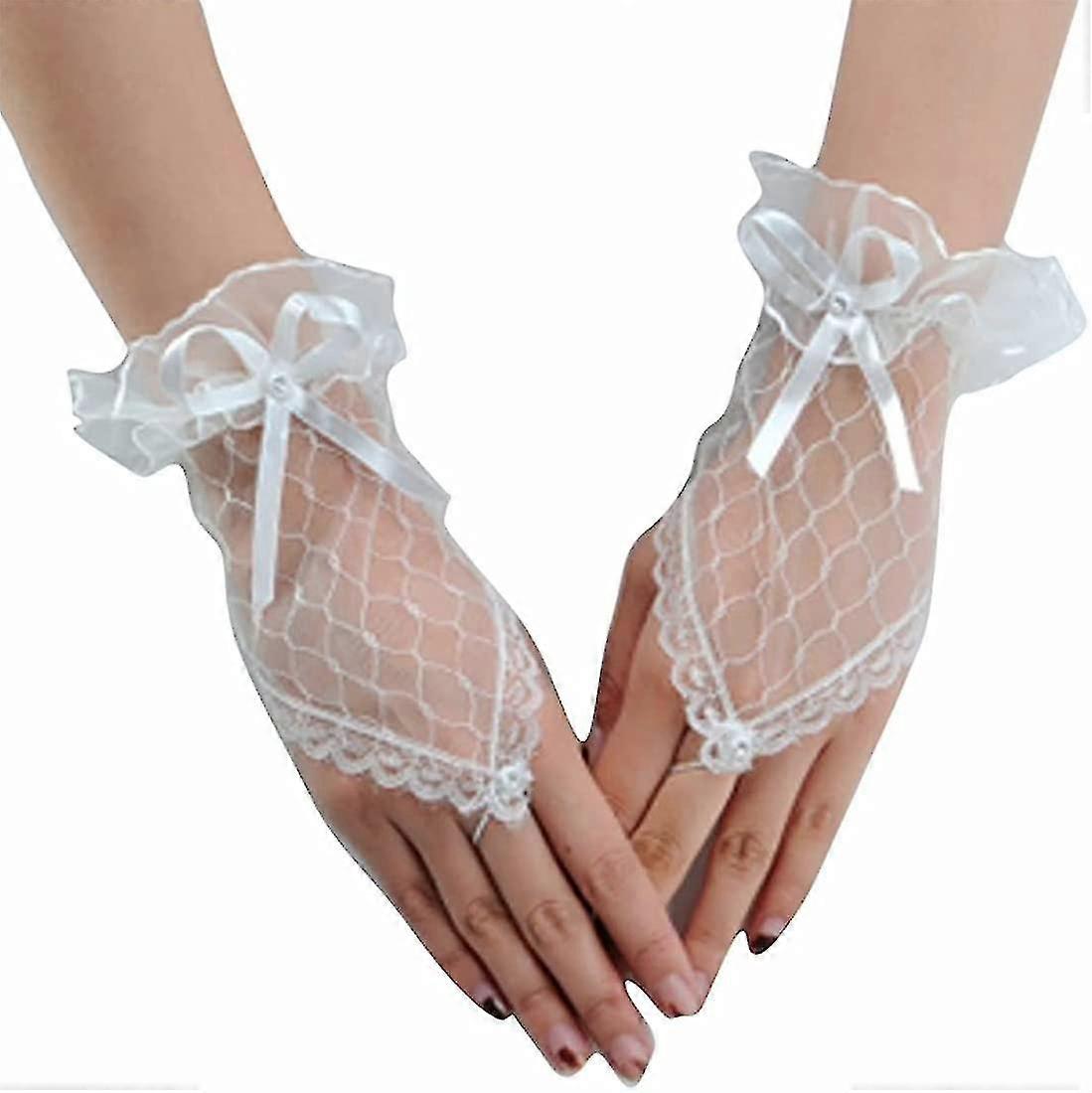 Womens' Wedding Gloves Fingerless Rhinestone Lace Gloves For Brides And Bridesmaids Lace Bow Gloves White