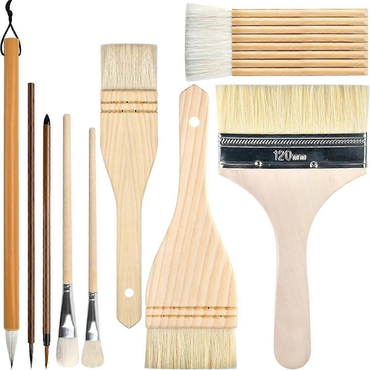 9 Piece Pottery Glaze Brush Set, Wooden Long Handle Glaze Brushes of Different Shapes, Suitable for