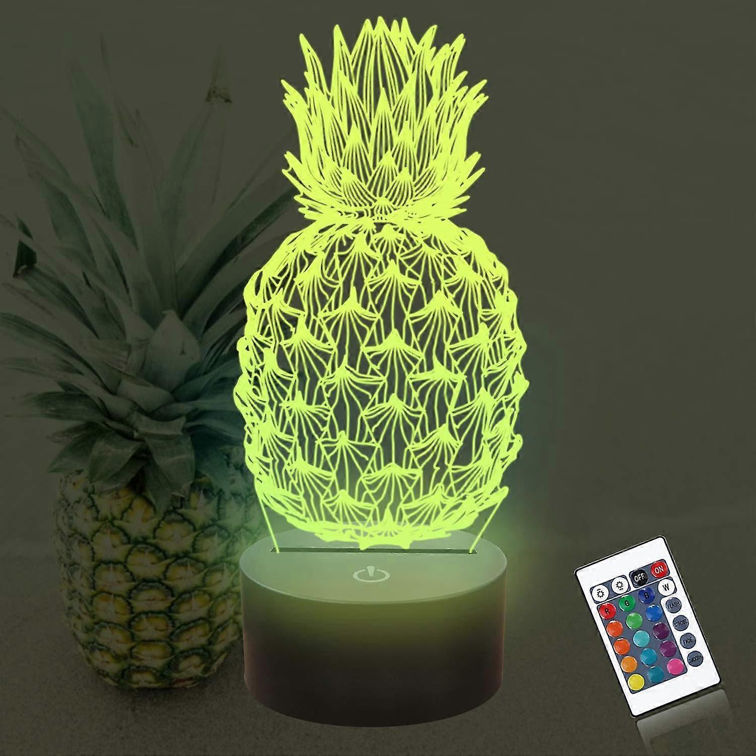 Pineapple 3d Night Light, Fruit Hologram Illusion Table Lamp With Remote Control 16 Colors