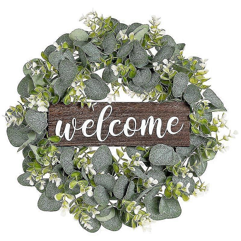 Welcome Sign With Wreaths Rustic Front Door Decor Wood Hanging Sign With Artificial Eucalyptus 16 I