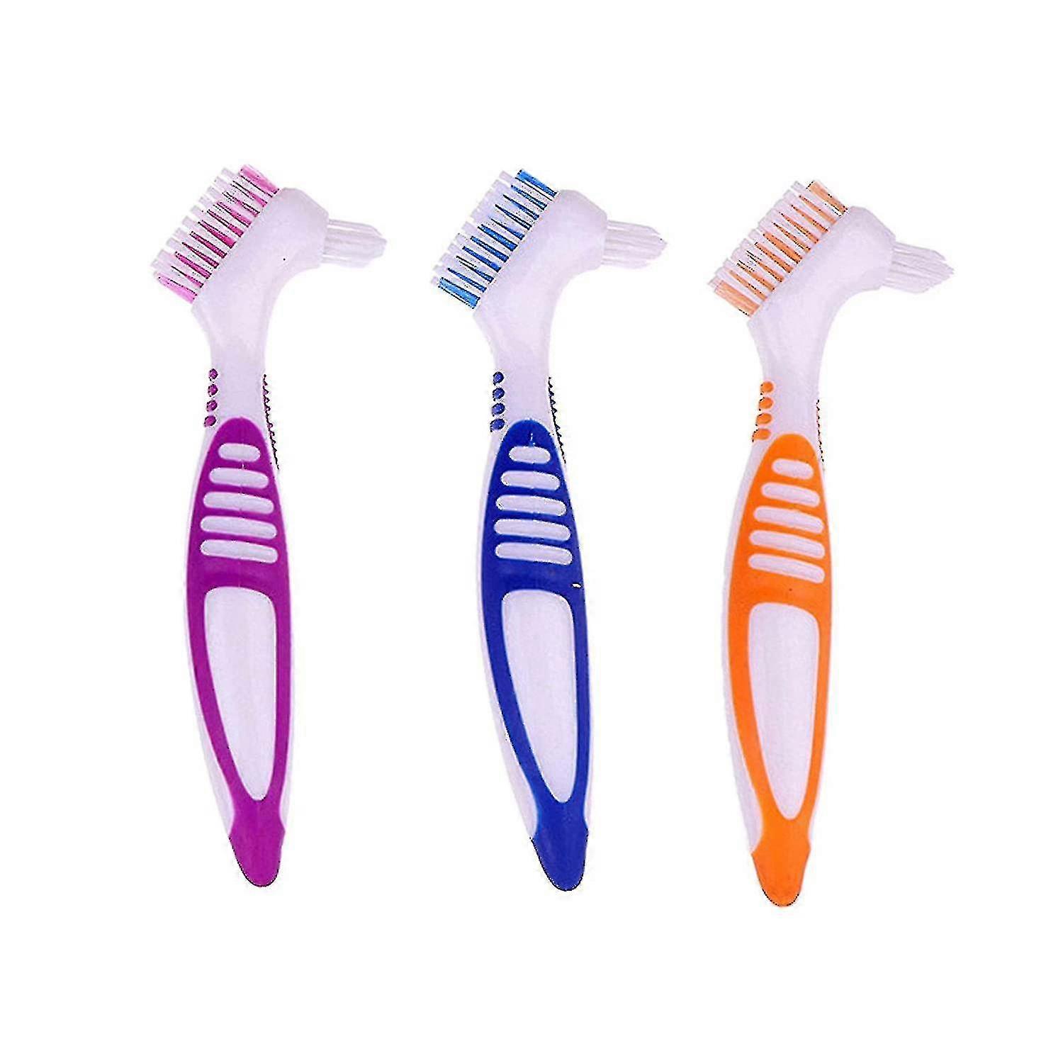 3pcs Premium Denture Cleaning Brush Set With Multi-layered Bristles Rubber Handle