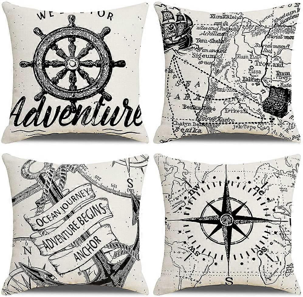 Pack de 4 housses de coussin, boussole Navigation voile carte motif 18 x 18 pouces