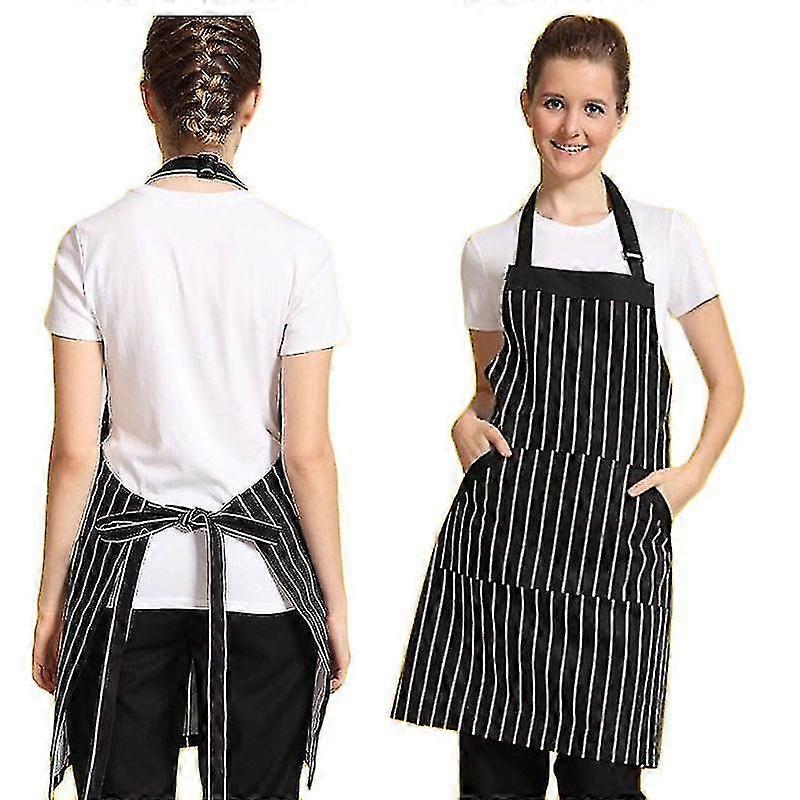 Adjustable Black Stripe Bib Apron With 2 Pockets Chef Kitchen Cook Tool Bk