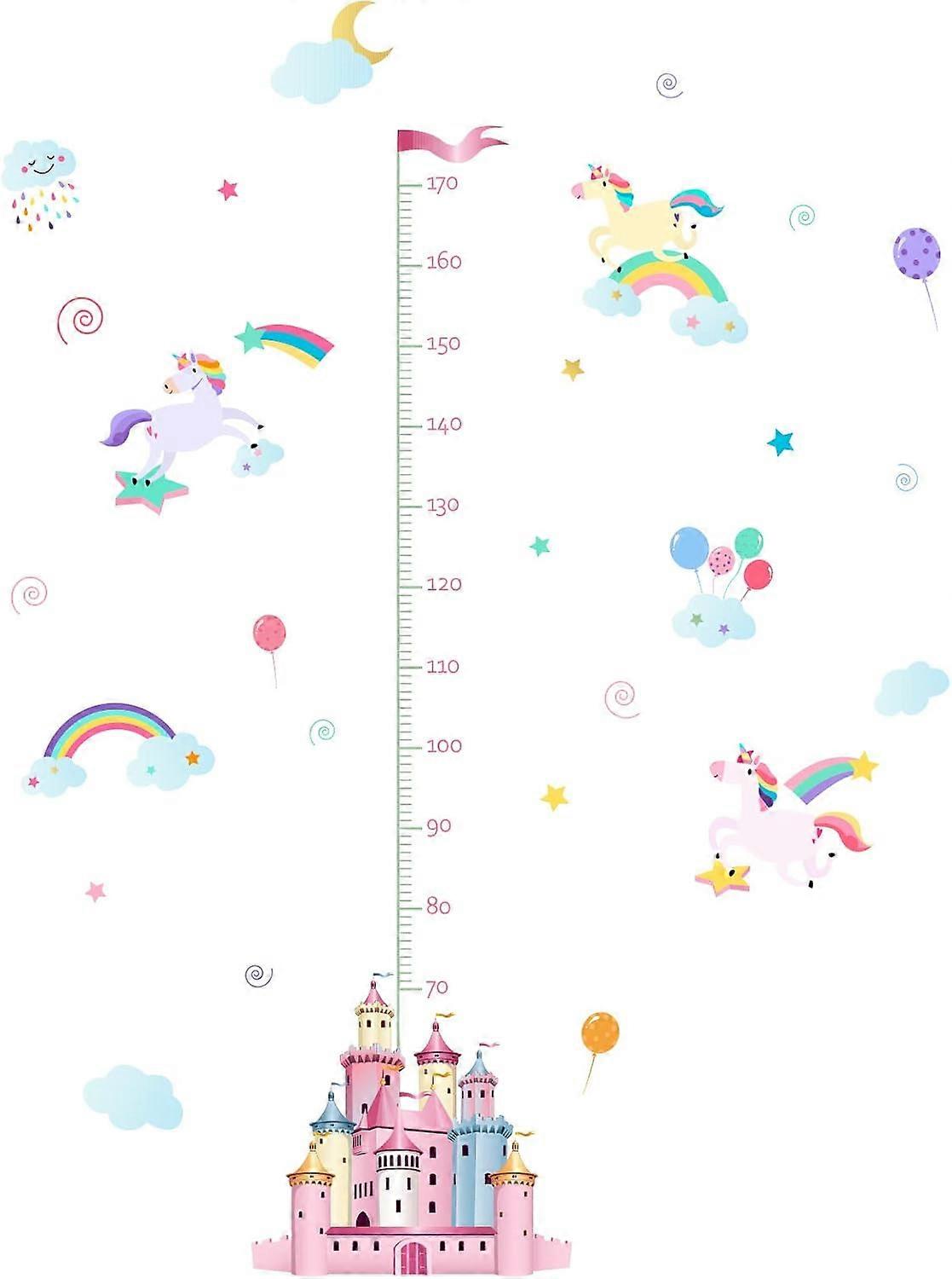 2pcs/Set Fairy Tale Height Growth Chart Wall Sticker Unicorn Self-Adhesive Height Wall Sticker Castle Decals for Bedoom Nursery Living Room Decor 38"x