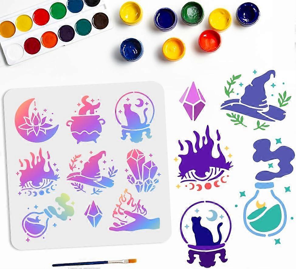 9 Styles Magic Theme Stencils 11.811.8inch Reusable Magic Witch Divination Stencil with Paint Brush Devil's Eye Witch Hat Moon Crystal Bottles Drawing