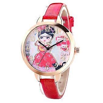 Alloy Case PU Strap Quartz Movimento Analógico Rodada Dial Relógio de Pulso FD048 Rosa Vermelha