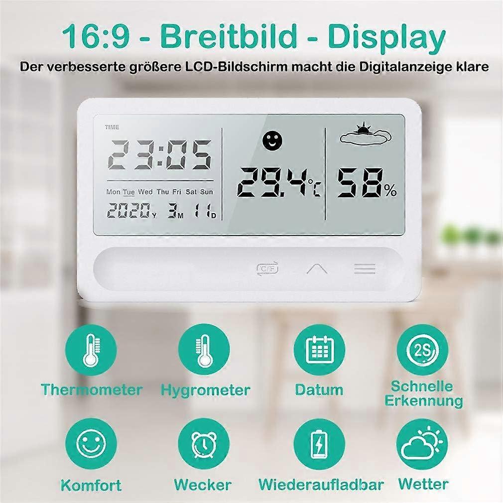 Rechargeable Digital Thermo Hygrometer with Alarm Clock - High Accuracy Hydrometer