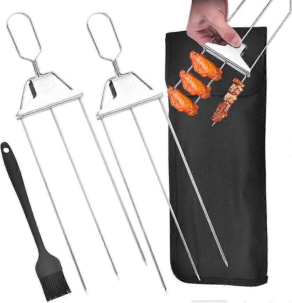 3 Way Grill Skewers, 3 Prong Stainless Steel Skewers For Grilling, Metal Grill Skewers Semi-automatic Grill Fork With Push Bar Slider