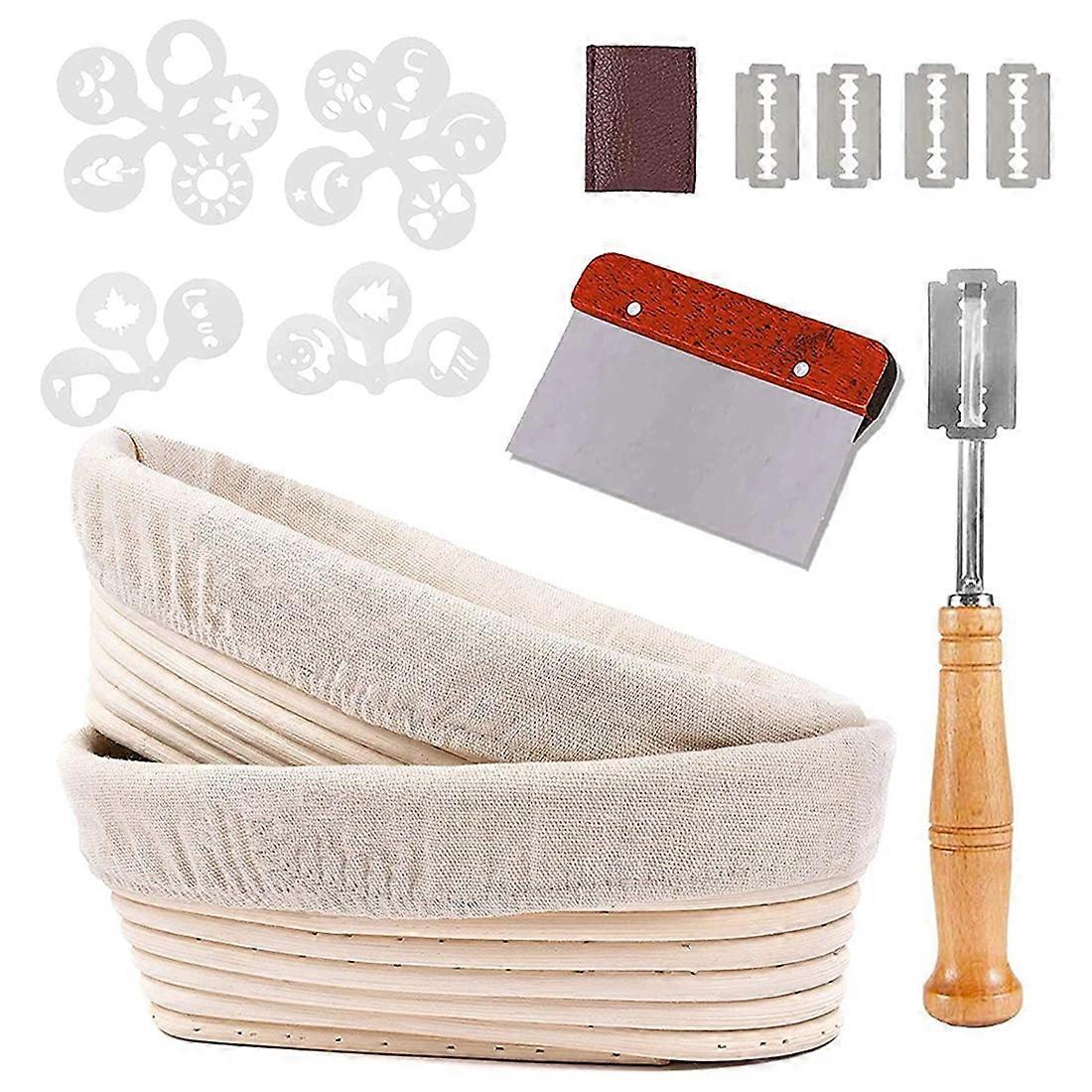 1Set Oval Bread Banneton Proofing Basket, 10 Inch Baking Bowl Kit for Sourdough with Dough Scraper, Bread Lame