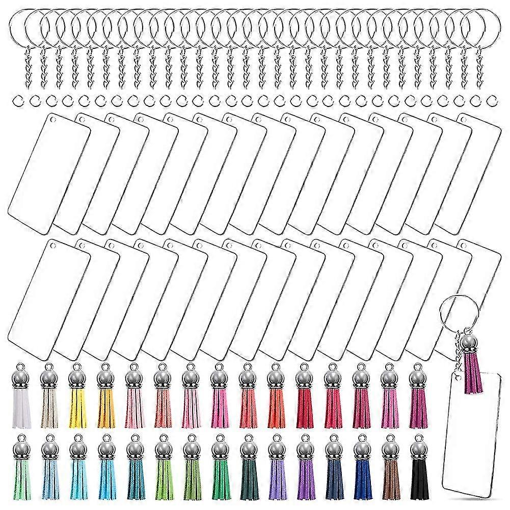 120 Pcs Acrylic Keychain Blank Tassel Pendant Set Includes Rectangular Transparent Acrylic Keychain Tw