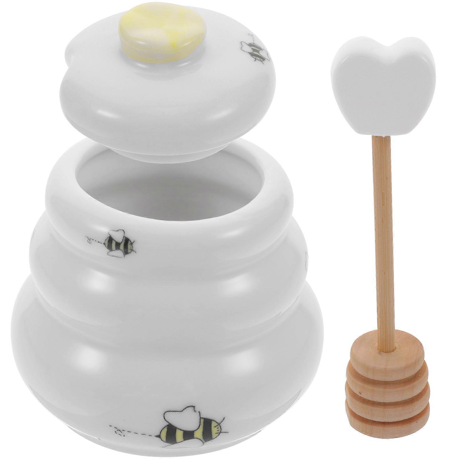 Honey Pot with Dipper Stick Ceramic Honey Jar with Lid Bee Honey Jar Container for Kitchen