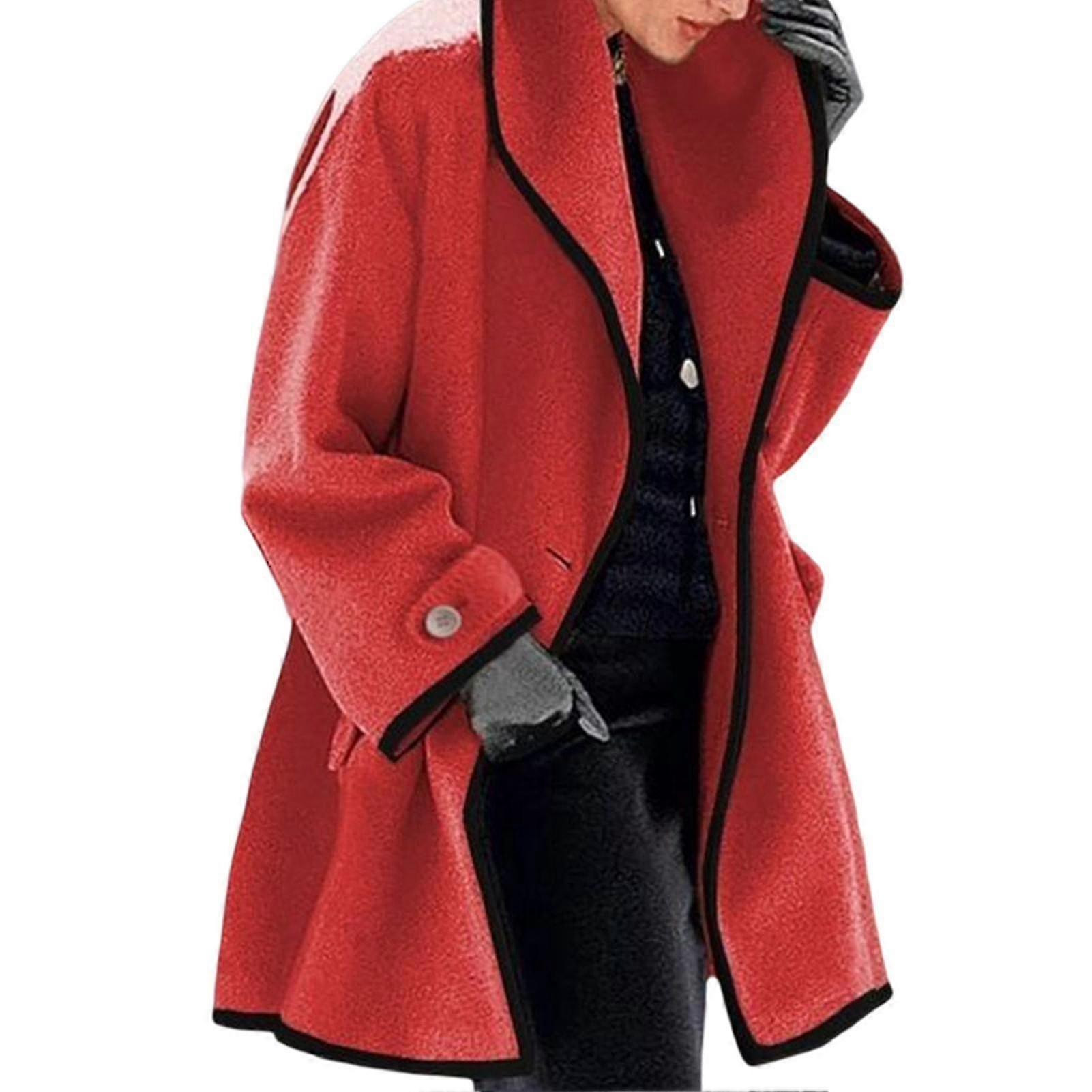 Women"s Autumn Winter Woolen Coat Hooded Color Block Woolen Coat Long Sleeve