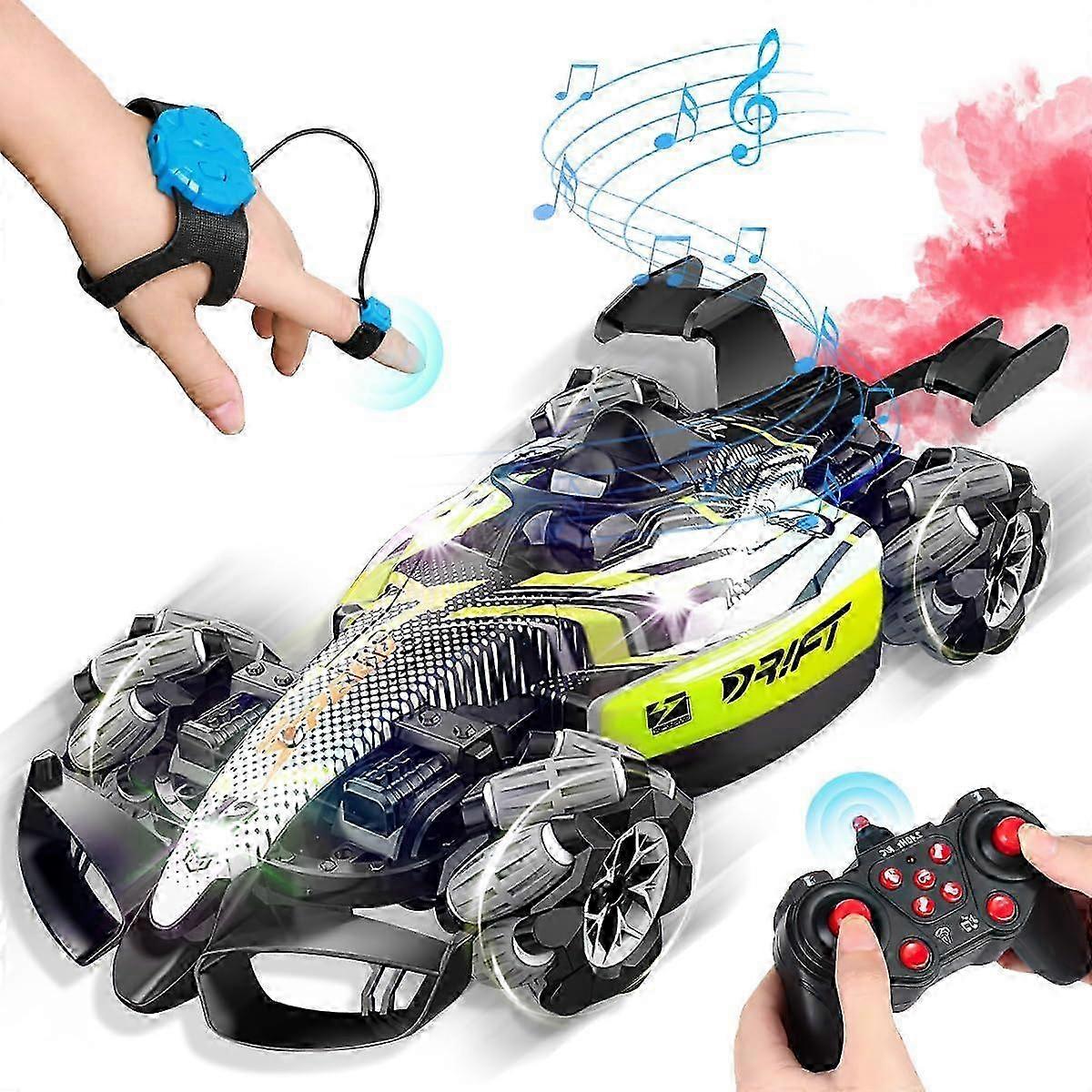 جهاز التحكم عن بعد السيارة التي يتم التحكم فيها باليد إيماءة RC حيلة سيارة مع رذاذ وأضواء وموسيقى للأطفال من سن 6 إلى 13 سنة ، 4WD 2.4 جيجا هرتز على الطرق الوعرة 360 دورة لعبة السيارة