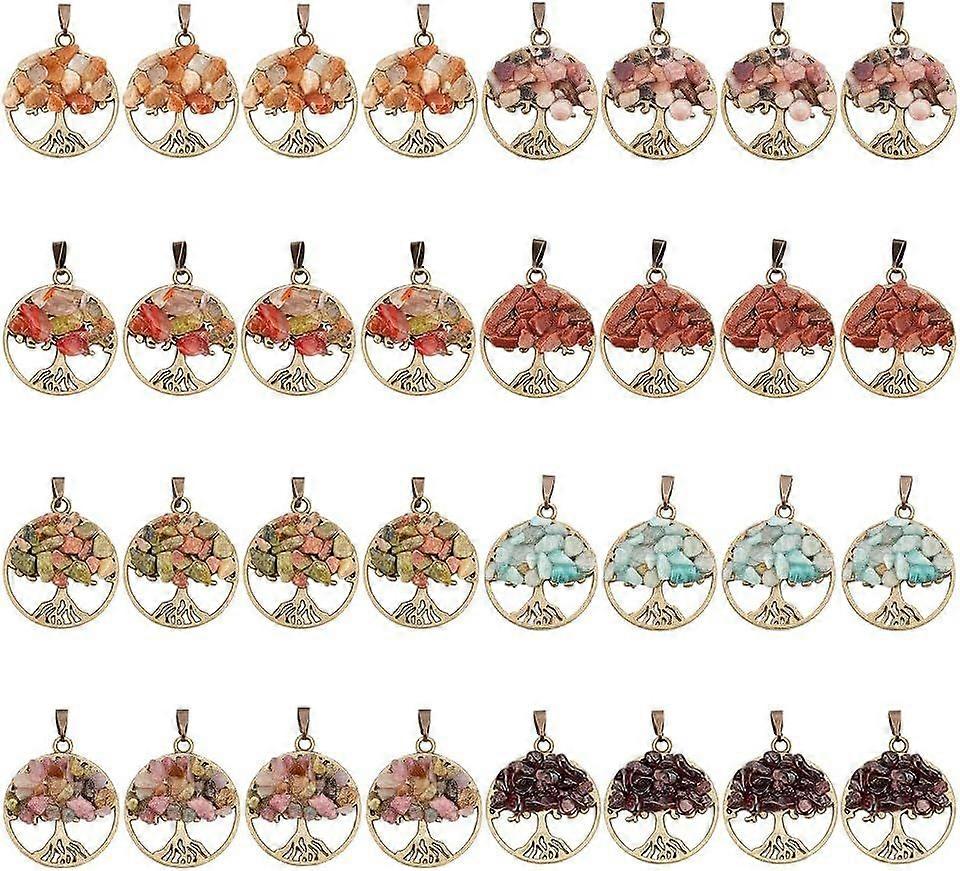 32Pcs Tree of Life Pendant 8 Styles Colorful Natural Crystal Quartz Stone Pendant