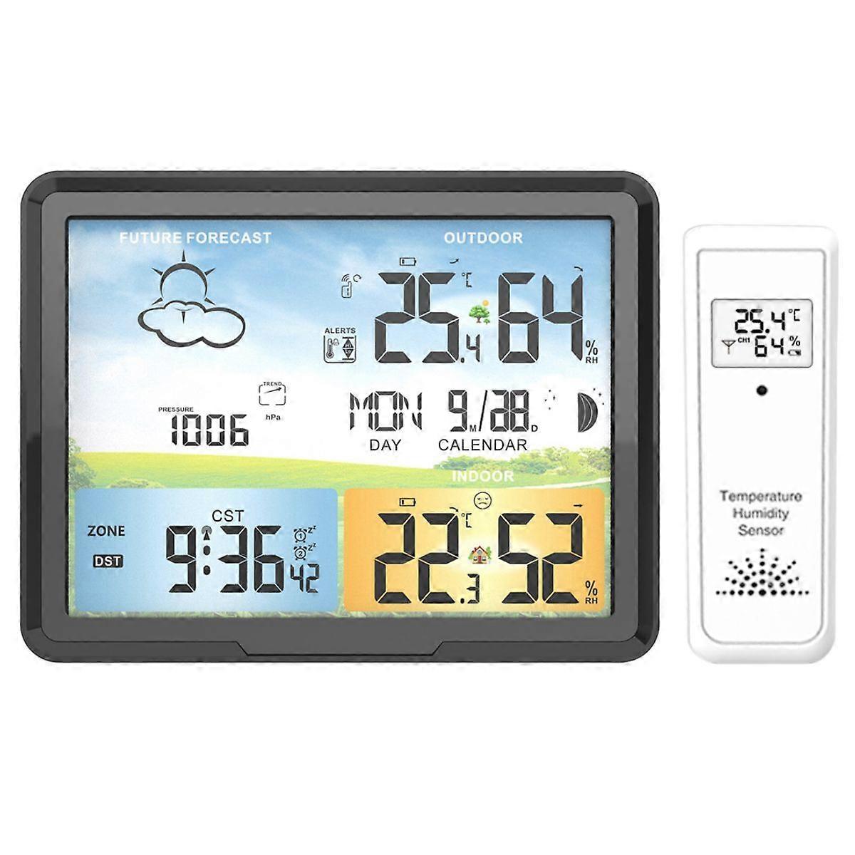 Wireless weather station with outdoor sensor, indoor and outdoor temperature/humidity, with weather forecast, digital colour display