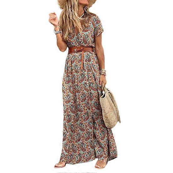 Bohemian Women's Dress In Swirl Print With Large Ruffles Short Sleeves And Furrow Ruffles With Work Belt