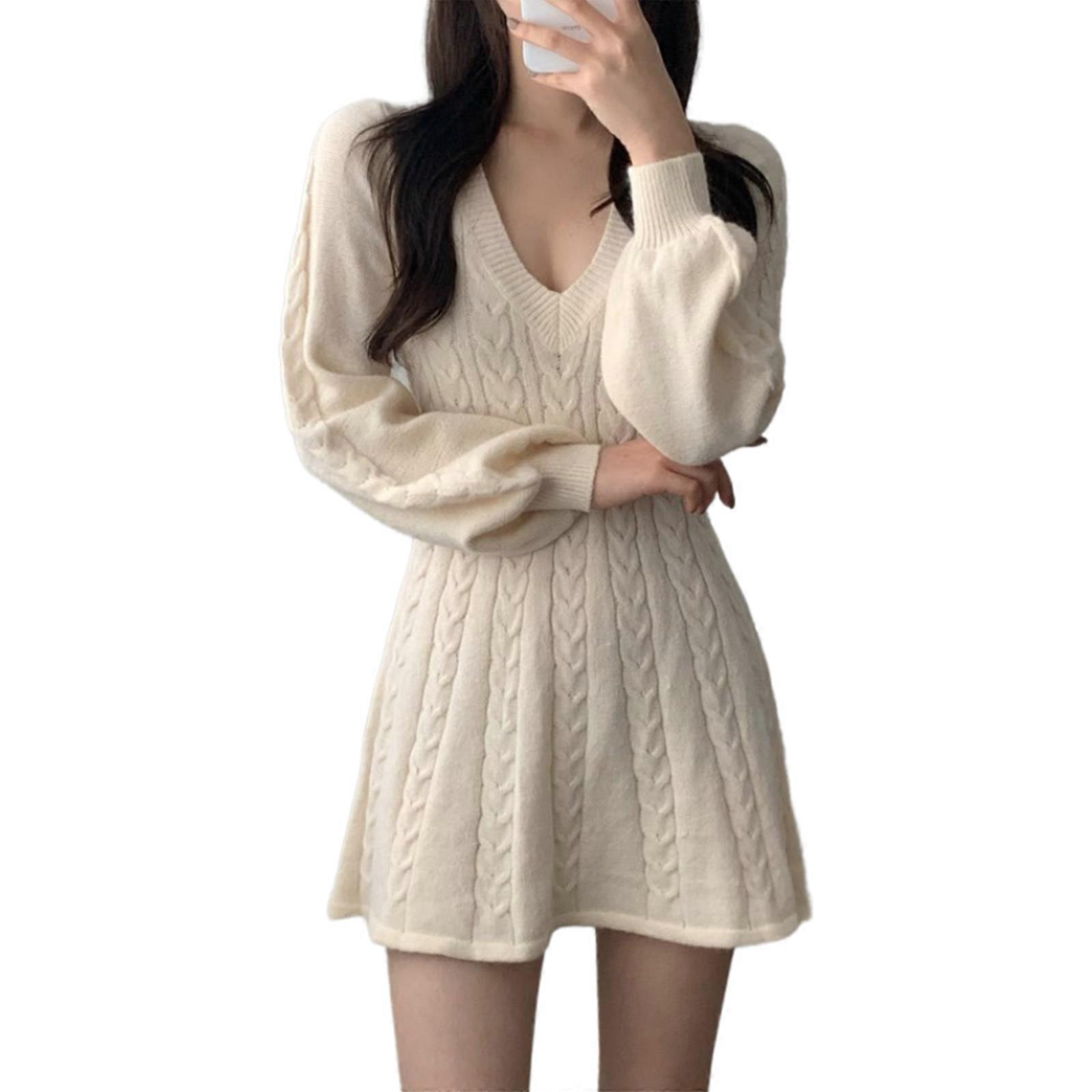 Winter Fall Solid Color Cable Knit Dress for Women Lantern Sleeve V Neck  Slimming Waist A Line Short Sweater Dresses White | Fruugo UK