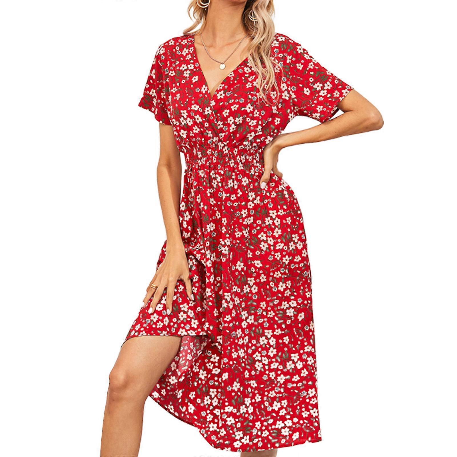 Womens Boho Floral Print V-Neck Smocked Waist Flowy Midi Long Dress Short  Sleeve Pleated A-Line Beach Party Dresses 106829 red L | Fruugo IE