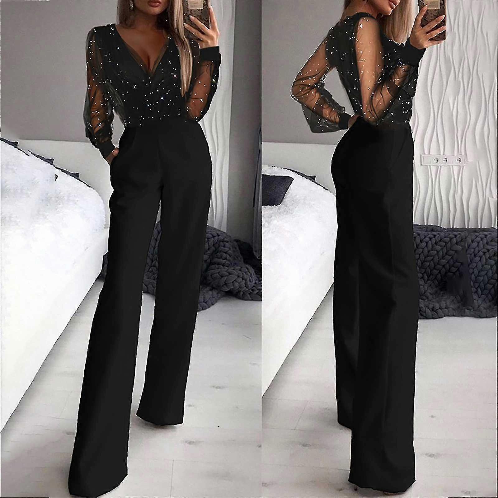 Long-Sleeve Gold Powder Solid V-Neck Mesh Sequin Women's Jumpsuits and Rompers