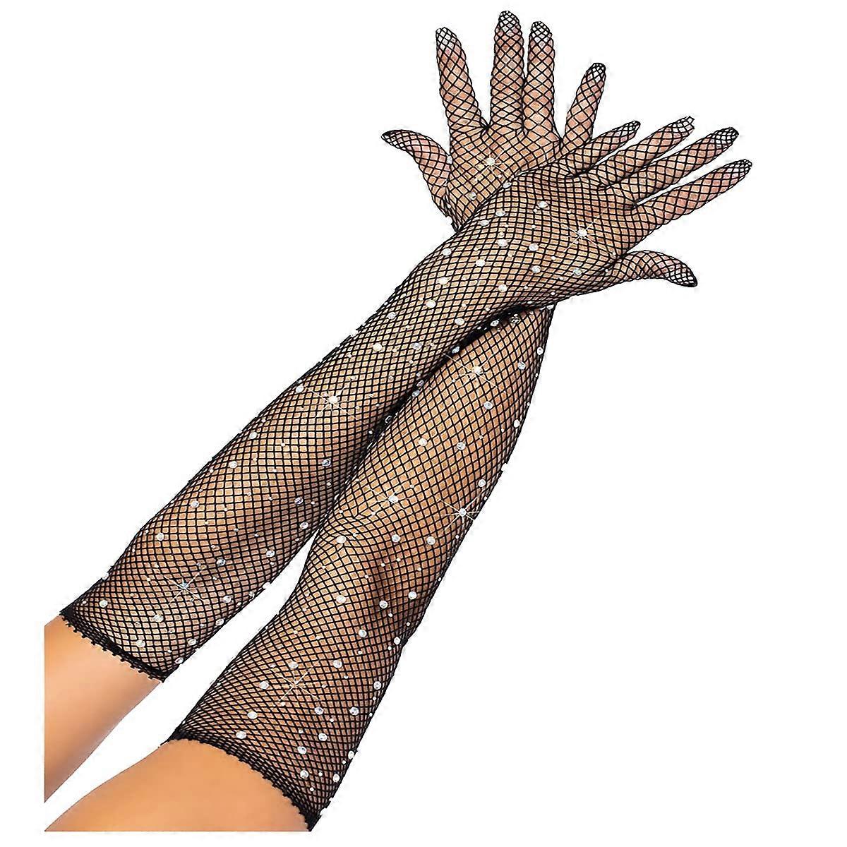 Female Long File Gloves 80s Artificial Diamond Knit Fingerless Opera Gloves