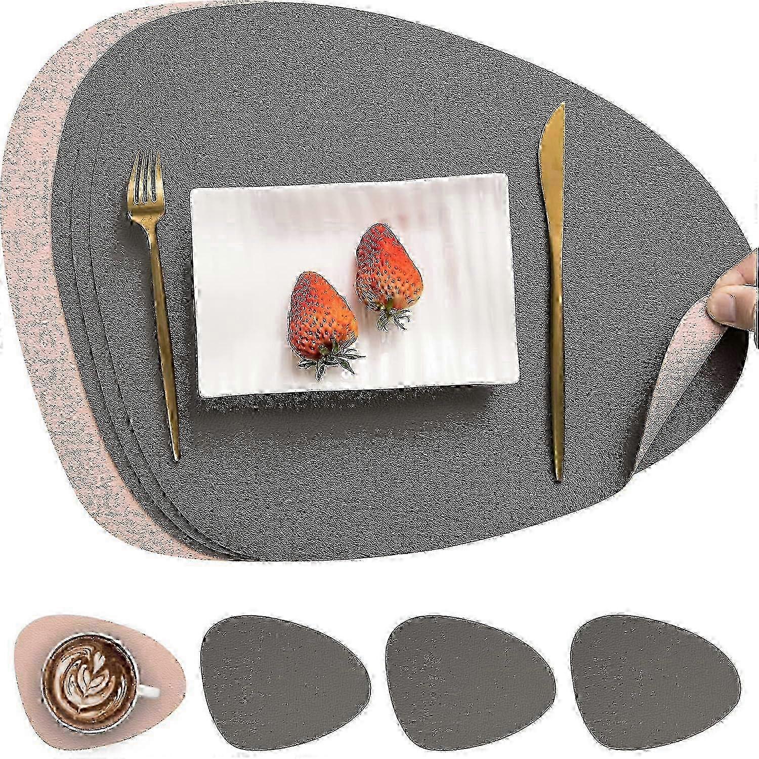 Leather faux leather 4pc placemats and coasters, washable round double-sided non-slip place mats