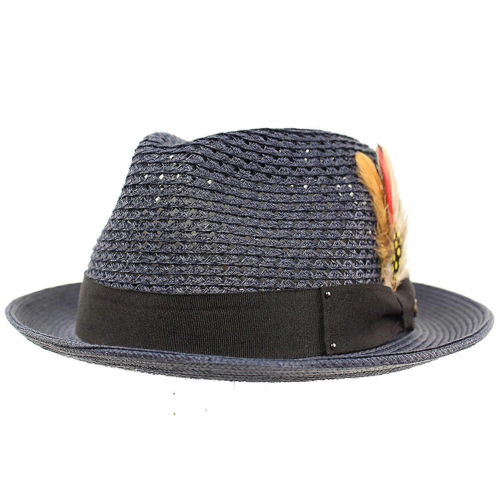 Men's Vented Removable Feather Derby Fedora Hat S/M in Navy with Curled Brim, Lightweight and Stylish Design