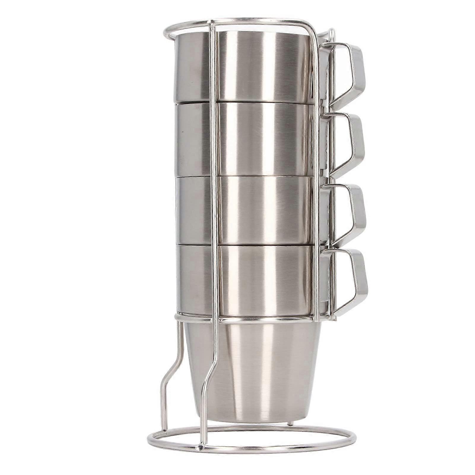 Stainless steel camping cup set with 4 doublelayer coffee cups with stand holder, stackable outdoor cups for picnic