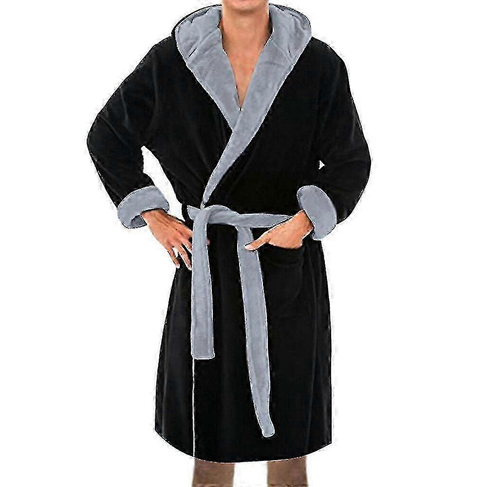 Men Hooded Fleece Dressing Bathrobe